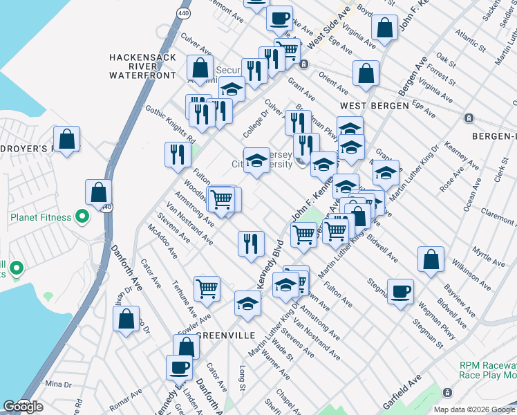 map of restaurants, bars, coffee shops, grocery stores, and more near 339 Stegman Parkway in Jersey City