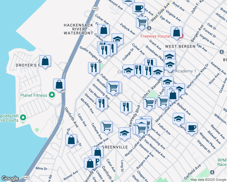 map of restaurants, bars, coffee shops, grocery stores, and more near 362 Fulton Avenue in Jersey City