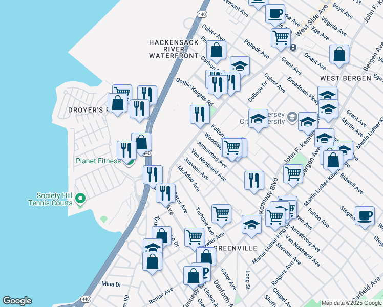 map of restaurants, bars, coffee shops, grocery stores, and more near 397 Armstrong Avenue in Jersey City