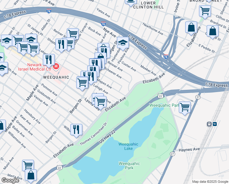 map of restaurants, bars, coffee shops, grocery stores, and more near 15 Mapes Place in Newark
