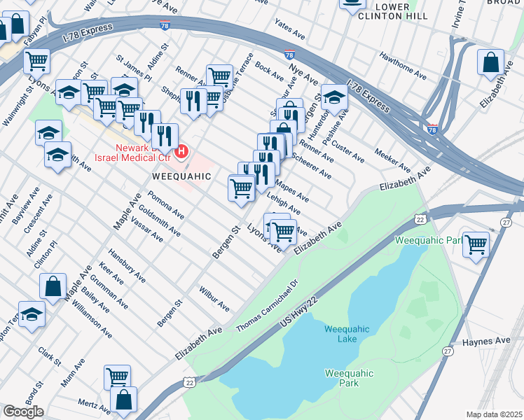 map of restaurants, bars, coffee shops, grocery stores, and more near in Newark