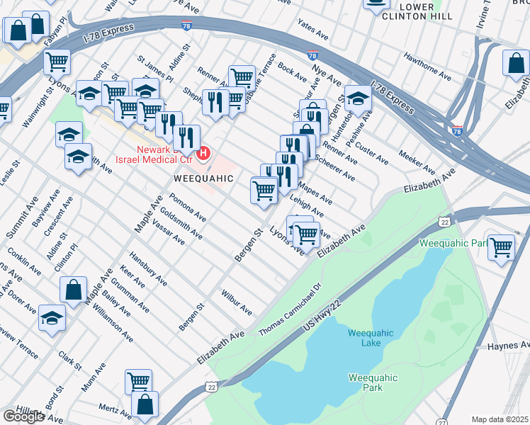map of restaurants, bars, coffee shops, grocery stores, and more near 32 Harding Terrace in Newark