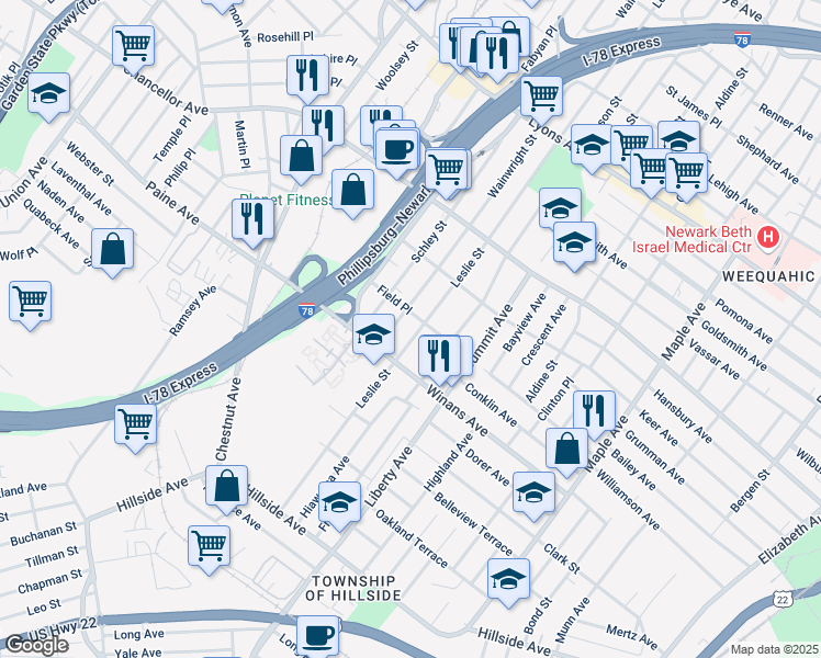 map of restaurants, bars, coffee shops, grocery stores, and more near 477 Leslie Street in Newark