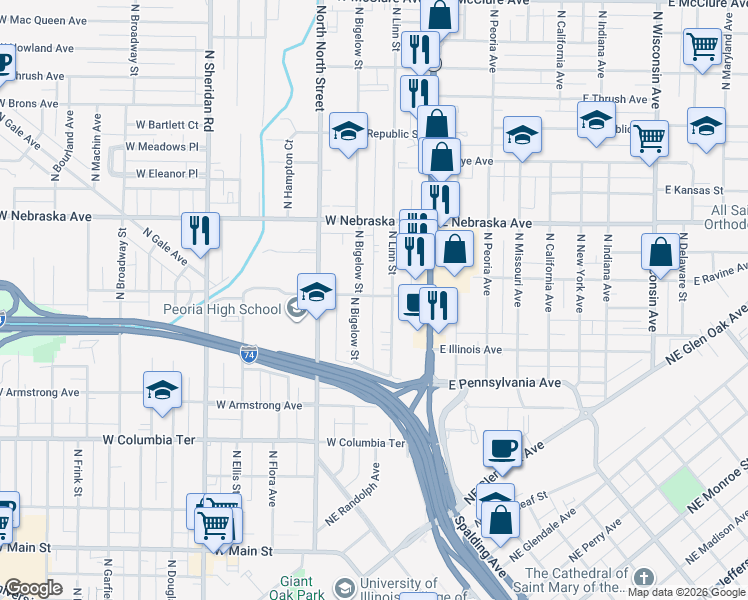 map of restaurants, bars, coffee shops, grocery stores, and more near 1708 North Bigelow Street in Peoria