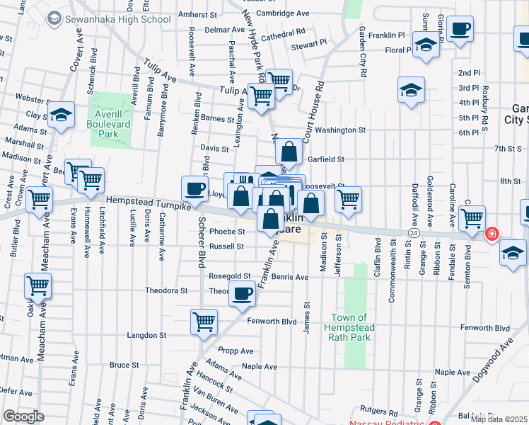 map of restaurants, bars, coffee shops, grocery stores, and more near 990 Holzheimer Street in Franklin Square