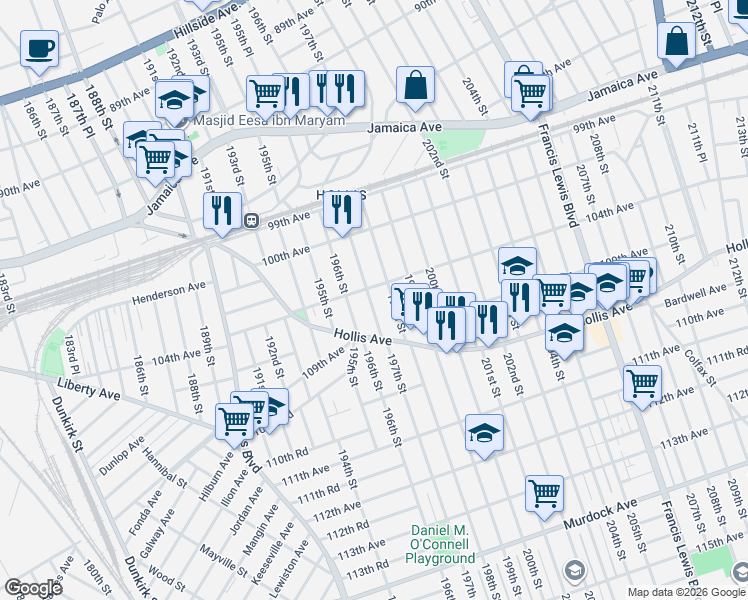 map of restaurants, bars, coffee shops, grocery stores, and more near 100-60 198th Street in Queens