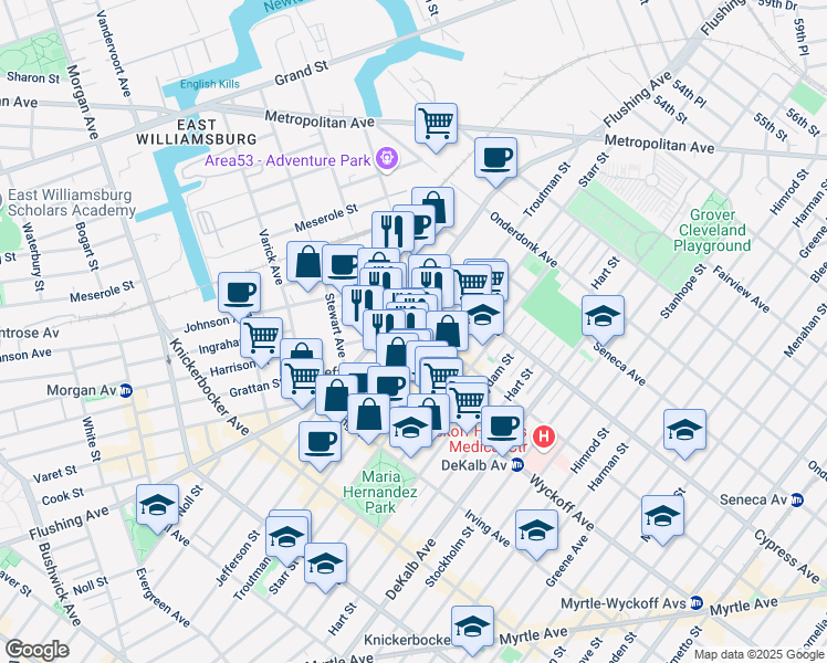 map of restaurants, bars, coffee shops, grocery stores, and more near 259 Ingraham Street in Brooklyn