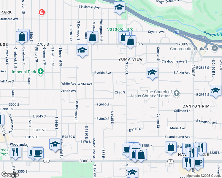 map of restaurants, bars, coffee shops, grocery stores, and more near 1890 Crandall Circle in Salt Lake City