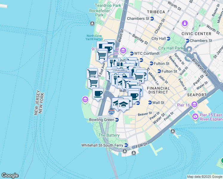 map of restaurants, bars, coffee shops, grocery stores, and more near 13-21 Rector Street in New York