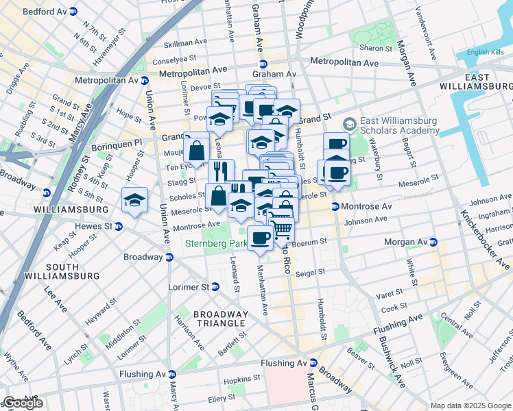map of restaurants, bars, coffee shops, grocery stores, and more near 128 Meserole Street in Brooklyn