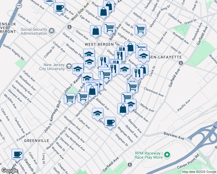 map of restaurants, bars, coffee shops, grocery stores, and more near 89 Bostwick Avenue in Jersey City
