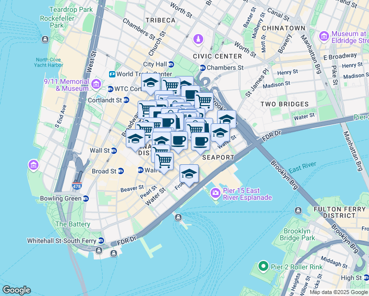 map of restaurants, bars, coffee shops, grocery stores, and more near 111 John Street in New York