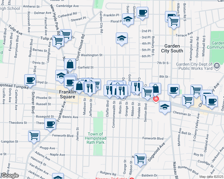 map of restaurants, bars, coffee shops, grocery stores, and more near 54 McKinley Avenue in Franklin Square