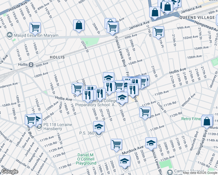 map of restaurants, bars, coffee shops, grocery stores, and more near 203-06 109th Avenue in Queens