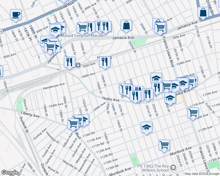 map of restaurants, bars, coffee shops, grocery stores, and more near 100-60 198th Street in Queens