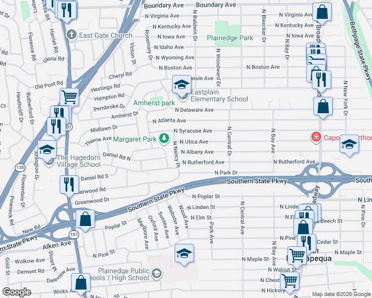 map of restaurants, bars, coffee shops, grocery stores, and more near 317 North Utica Avenue in Massapequa