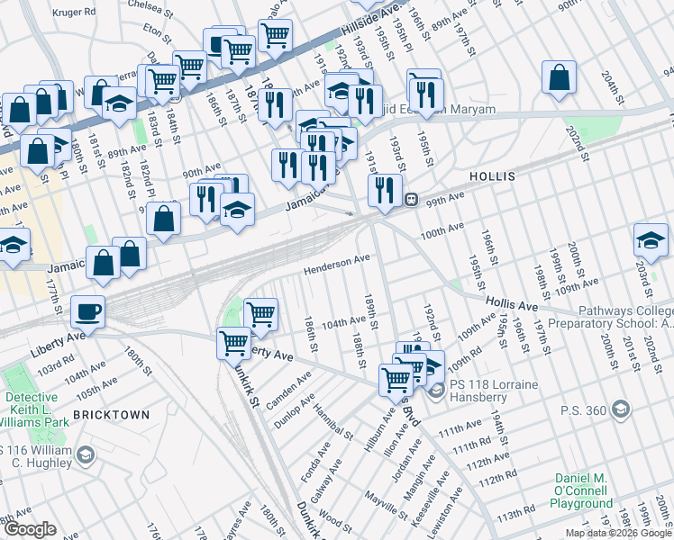 map of restaurants, bars, coffee shops, grocery stores, and more near 18460 Henderson Avenue in Queens