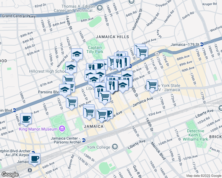 map of restaurants, bars, coffee shops, grocery stores, and more near 87-84 165th Street in Queens