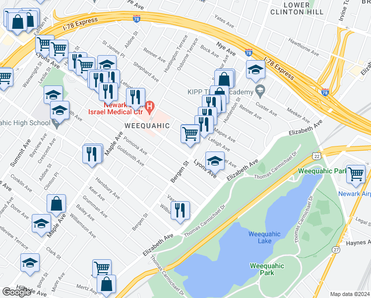 map of restaurants, bars, coffee shops, grocery stores, and more near 89 Lyons Avenue in Newark