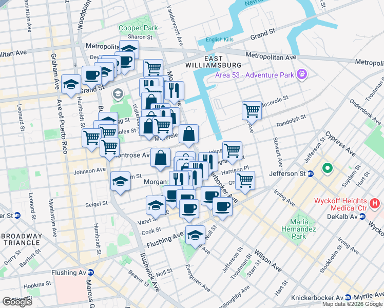 map of restaurants, bars, coffee shops, grocery stores, and more near 131 Morgan Avenue in Brooklyn