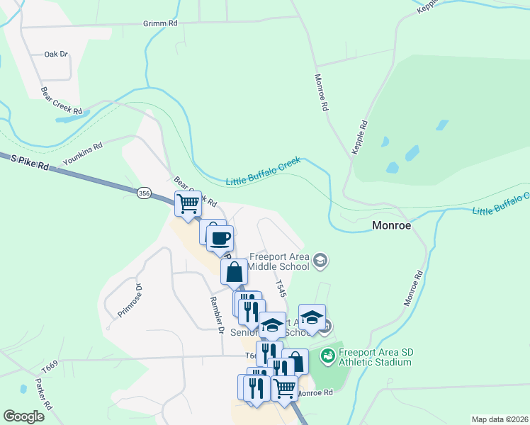 map of restaurants, bars, coffee shops, grocery stores, and more near 301 Silverview Drive in Sarver