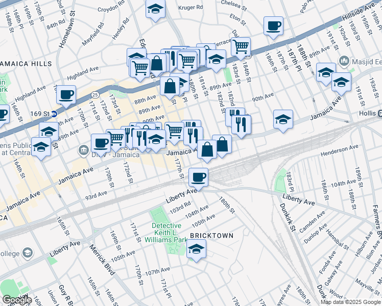 map of restaurants, bars, coffee shops, grocery stores, and more near 179-9 Jamaica Avenue in Queens