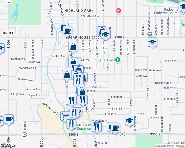map of restaurants, bars, coffee shops, grocery stores, and more near in Millcreek