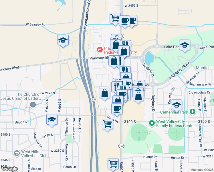 map of restaurants, bars, coffee shops, grocery stores, and more near 2873 Ritter Row in West Valley City