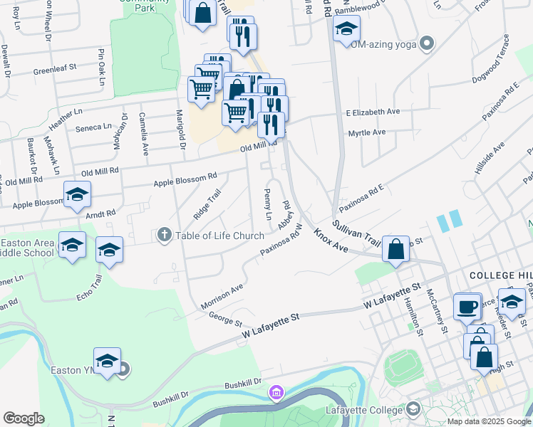 map of restaurants, bars, coffee shops, grocery stores, and more near 59 Penny Lane in Easton