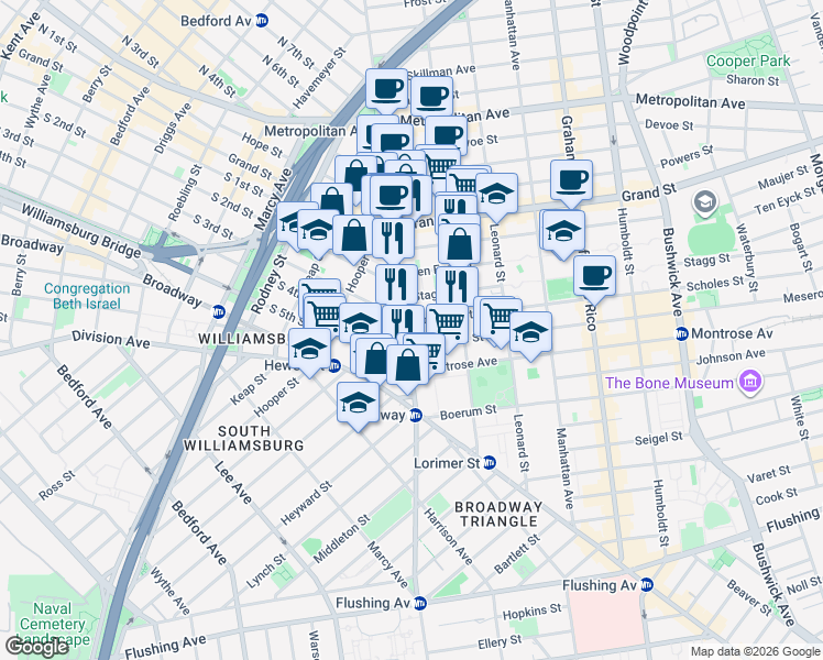 map of restaurants, bars, coffee shops, grocery stores, and more near 14 Stagg Street in Brooklyn