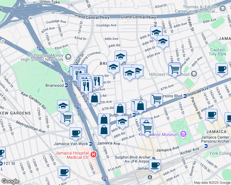 map of restaurants, bars, coffee shops, grocery stores, and more near 86-17 143rd Street in Queens