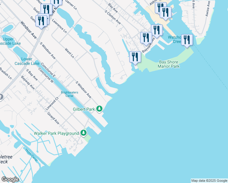 map of restaurants, bars, coffee shops, grocery stores, and more near 69 Lawrence Lane in Bay Shore