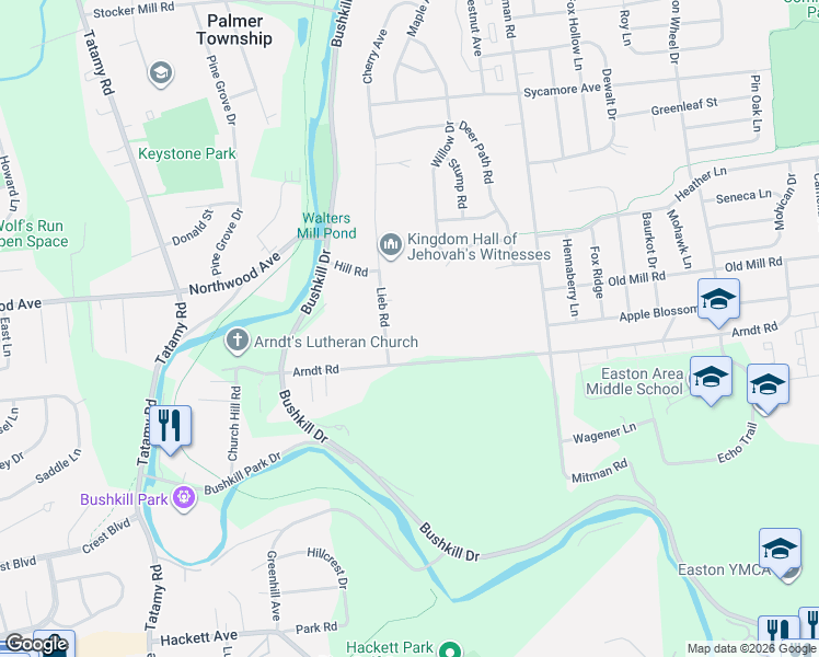 map of restaurants, bars, coffee shops, grocery stores, and more near 1301 Lieb Road in Easton