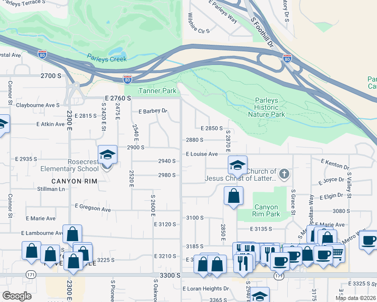 map of restaurants, bars, coffee shops, grocery stores, and more near 2885 South 2700 East in Salt Lake City