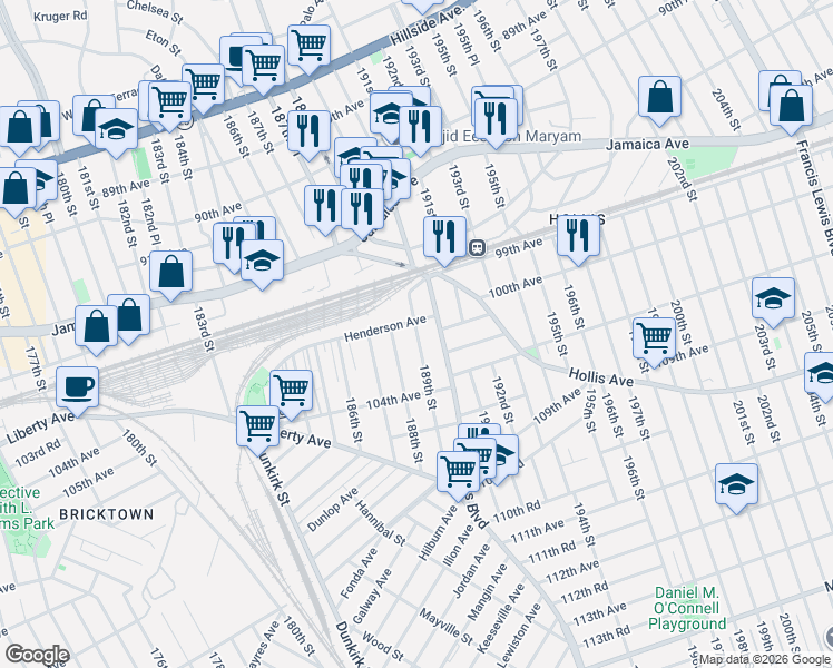 map of restaurants, bars, coffee shops, grocery stores, and more near 189-07 Henderson Avenue in Queens