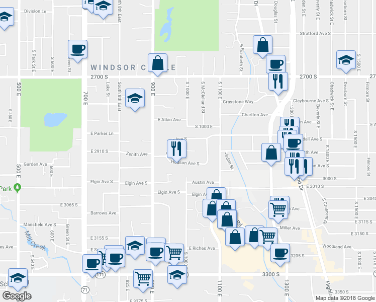 map of restaurants, bars, coffee shops, grocery stores, and more near 2917 Zenith Circle in Salt Lake City