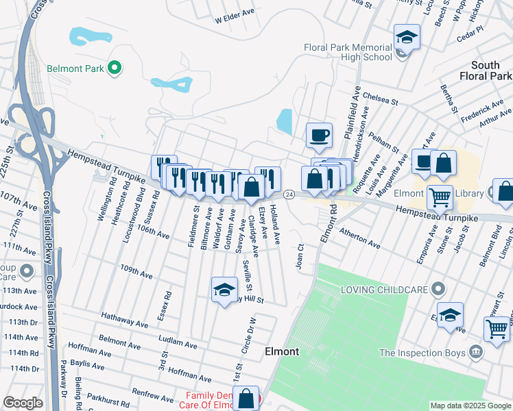 map of restaurants, bars, coffee shops, grocery stores, and more near 353 Hempstead Turnpike in Elmont