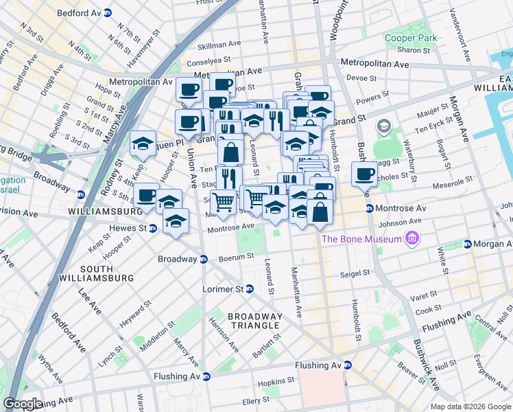 map of restaurants, bars, coffee shops, grocery stores, and more near 79 Meserole Street in Brooklyn