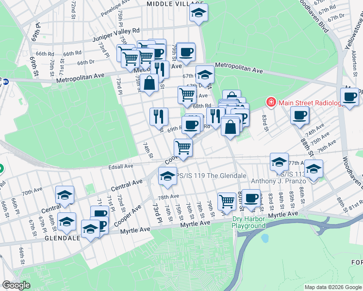 map of restaurants, bars, coffee shops, grocery stores, and more near 69-44 79th Street in Queens
