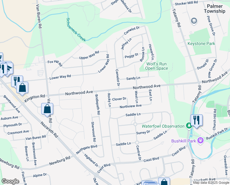 map of restaurants, bars, coffee shops, grocery stores, and more near 2627 Northwood Avenue in Easton
