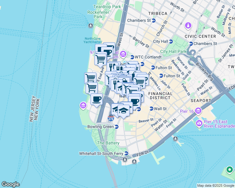 map of restaurants, bars, coffee shops, grocery stores, and more near 13-21 Rector Street in New York