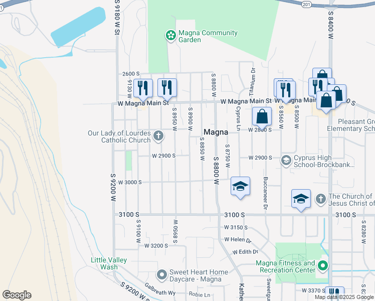 map of restaurants, bars, coffee shops, grocery stores, and more near 2880 South 8900 West in Magna