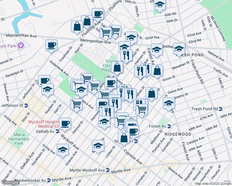 map of restaurants, bars, coffee shops, grocery stores, and more near 19-12 Himrod Street in Queens