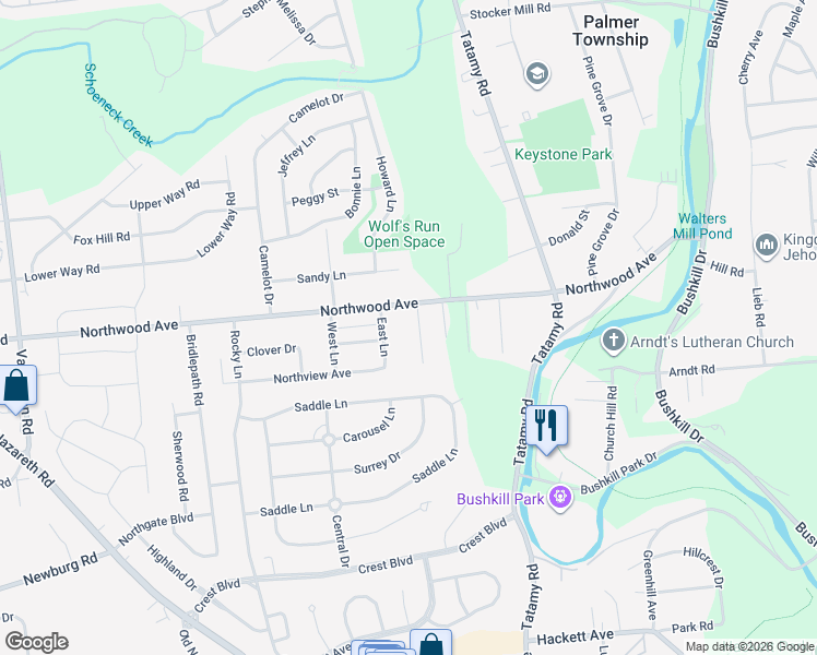map of restaurants, bars, coffee shops, grocery stores, and more near 2426 Northwood Avenue in Easton