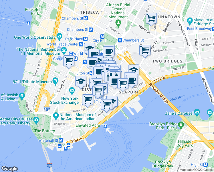 map of restaurants, bars, coffee shops, grocery stores, and more near John St & Cliff St in New York