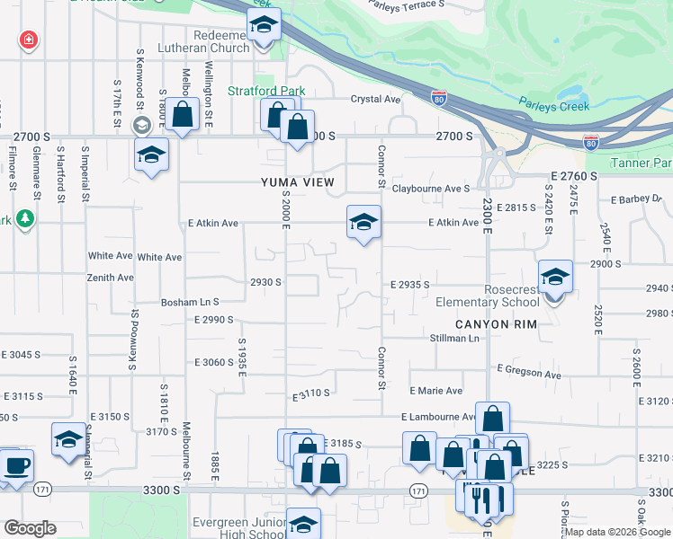 map of restaurants, bars, coffee shops, grocery stores, and more near 2870 Connor Street in Salt Lake City