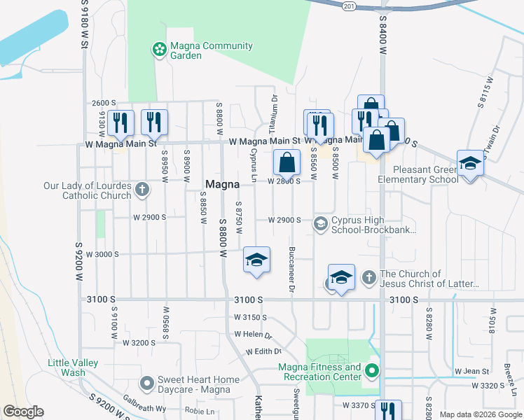 map of restaurants, bars, coffee shops, grocery stores, and more near 2835 Cyprus Lane in Magna