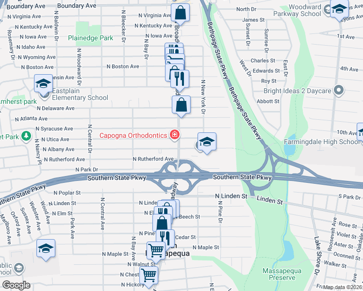 map of restaurants, bars, coffee shops, grocery stores, and more near 1024 North Broadway in Massapequa