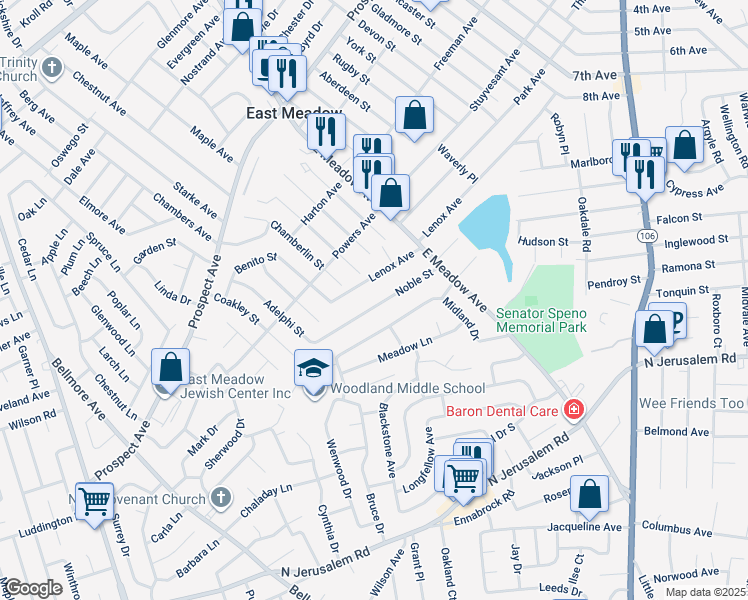 map of restaurants, bars, coffee shops, grocery stores, and more near 1704 Lenox Avenue in East Meadow