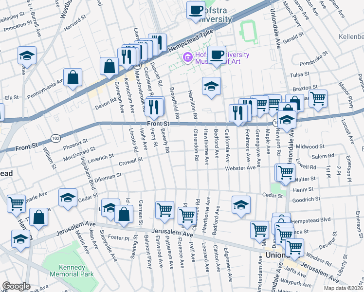 map of restaurants, bars, coffee shops, grocery stores, and more near 820 Front Street in Hempstead